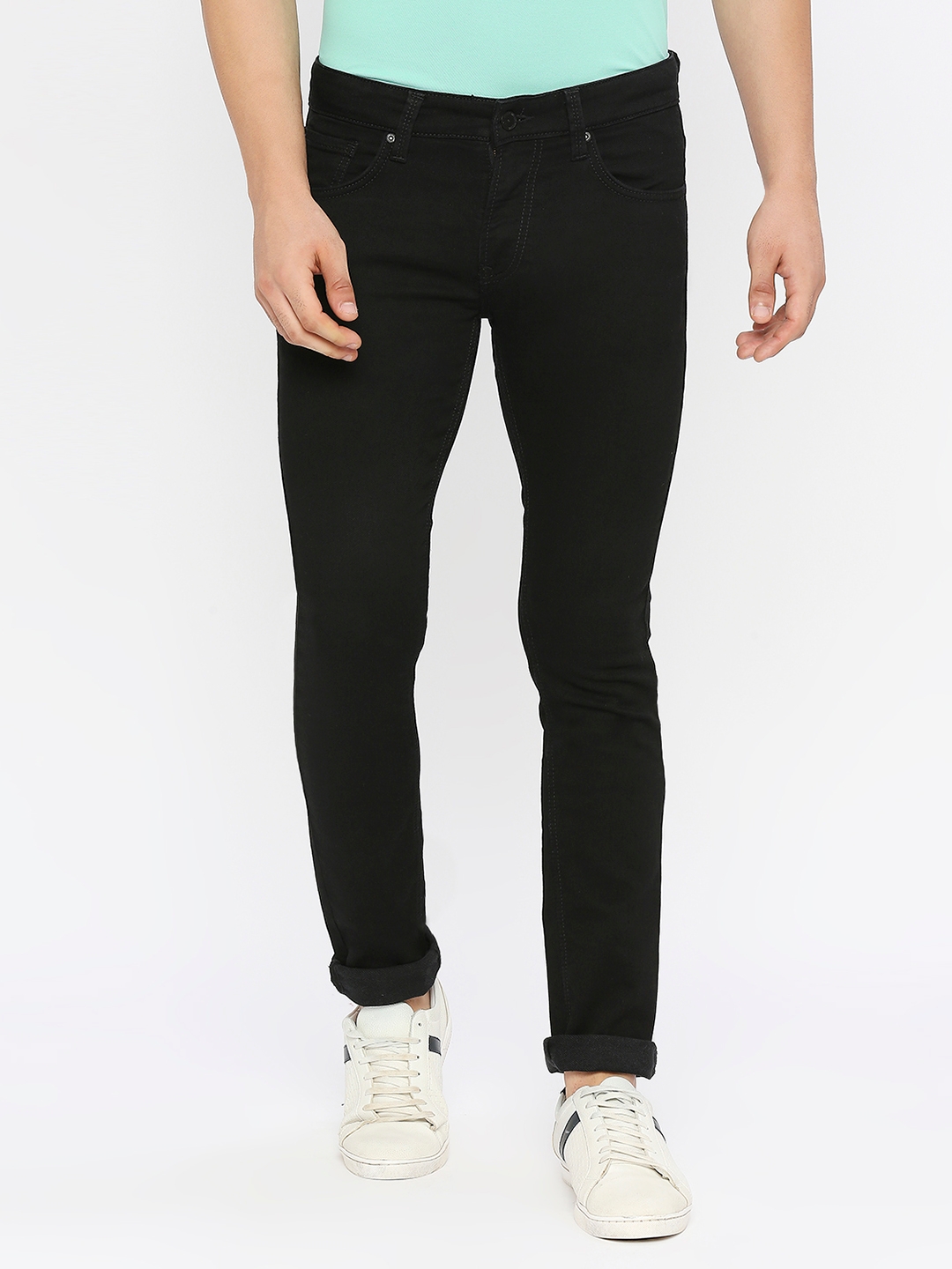 spykar | Spykar Men Black Cotton Stretch Slim Fit Narrow Length Clean Look Low Rise Jeans-(Skinny)