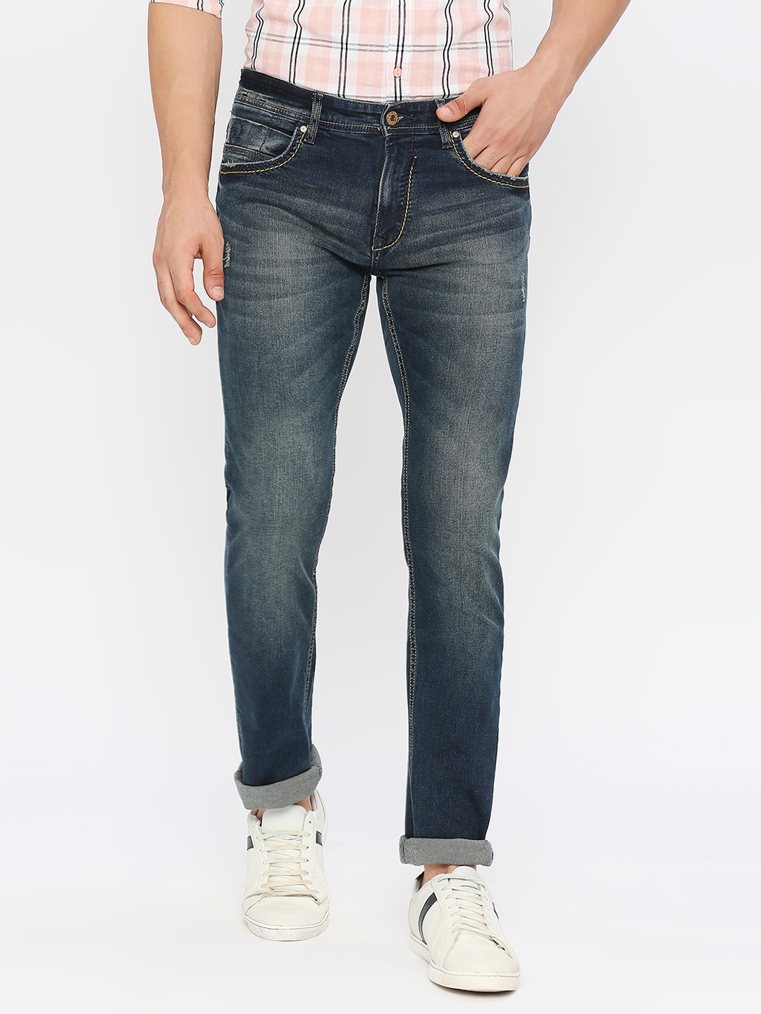 spykar | Spykar Men Dark Blue Cotton Regular Fit Narrow Length Clean Look Mid Rise Jeans-(Rover)
