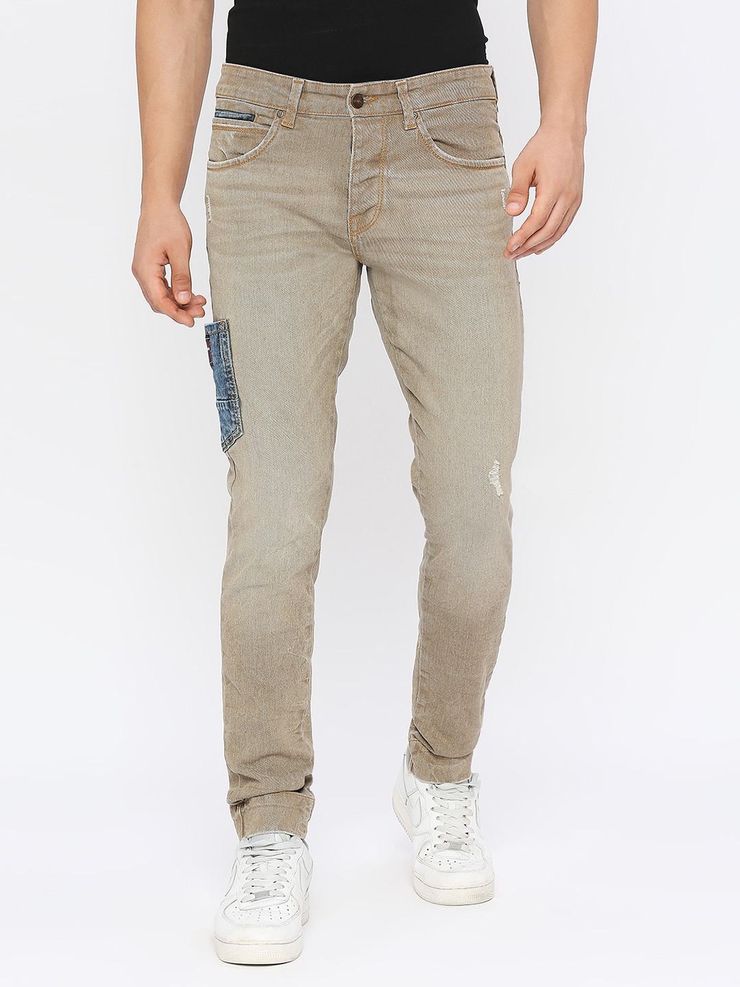 spykar | Spykar Men Light Khaki Cotton Comfort Fit Narrow Length Mildly Distressed High Rise Jeans-(Trooper)