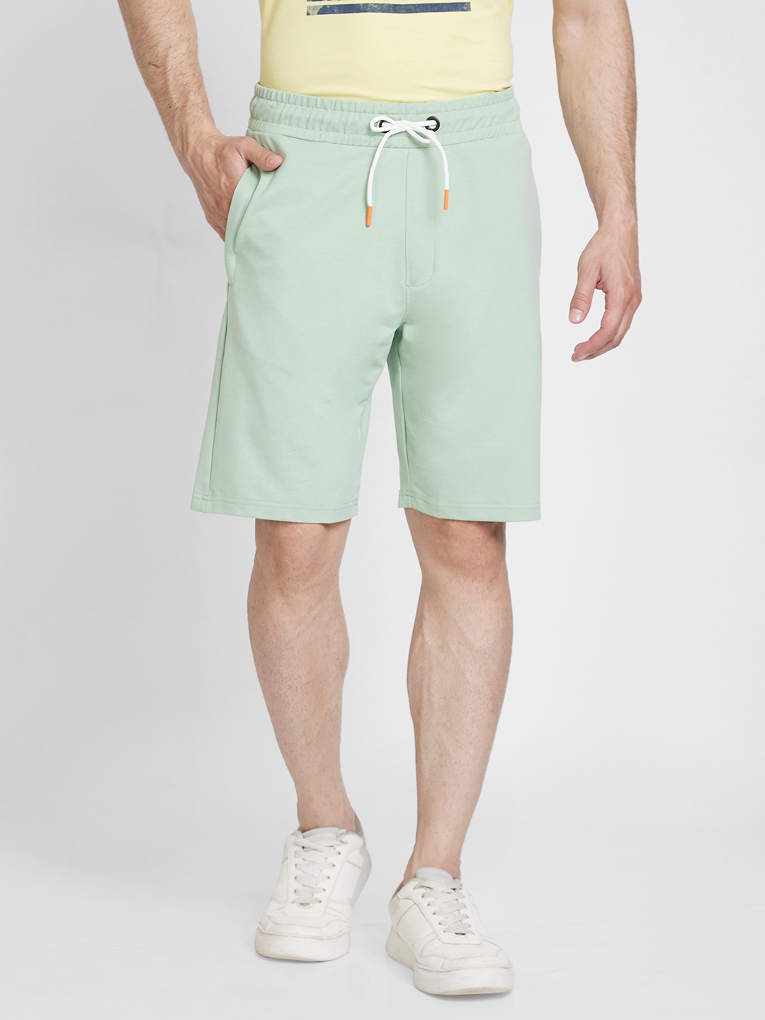spykar | Spykar Men Dusty Pista Green Blended Knee Length Shorts