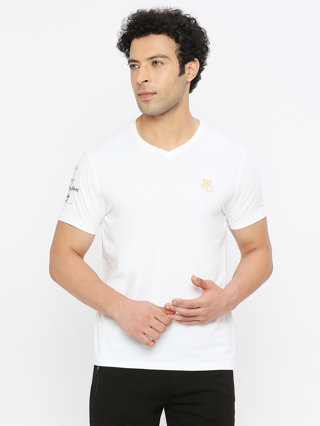 spykar | Spykar Men White Cotton Regular Fit Half Sleeve Plain V-Neck Tshirt