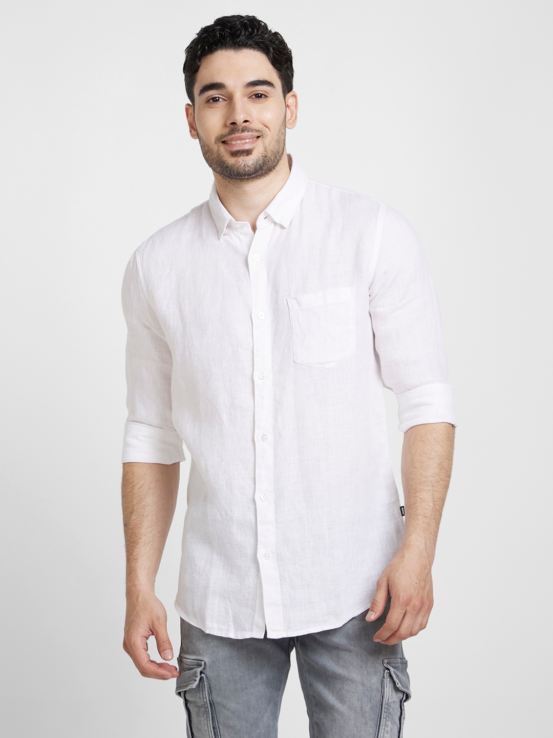 spykar | Spykar Men White Linen Slim Fit Plain Shirt