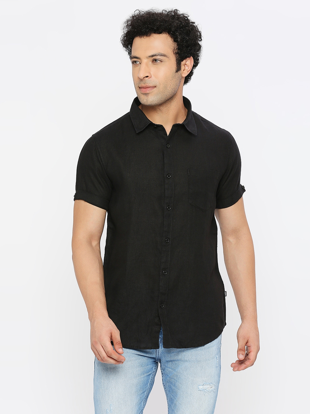 spykar | Spykar Men Black Linen Slim Fit Half Sleeve Plain Shirt