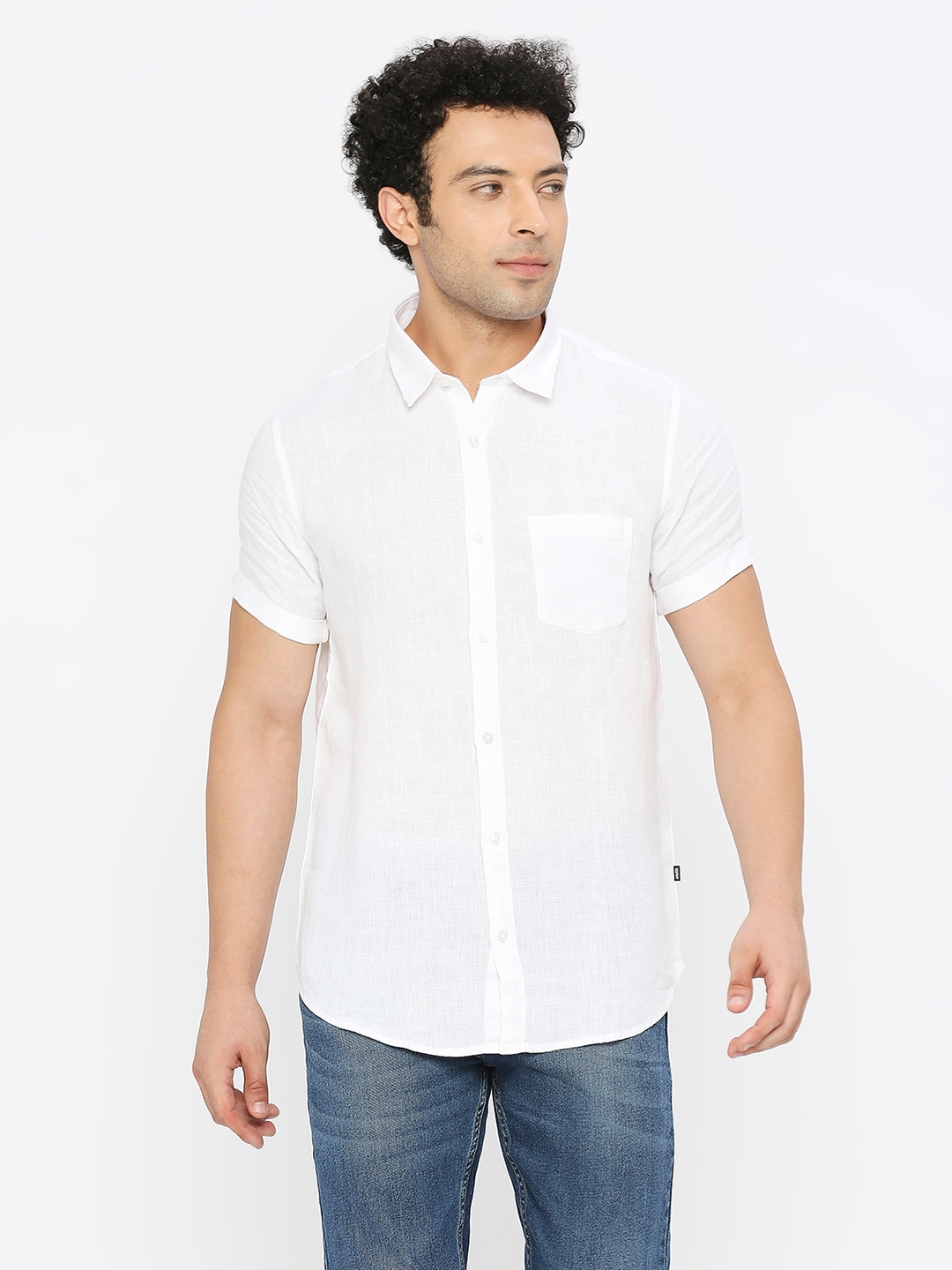 spykar | Spykar Men White Linen Slim Fit Half Sleeve Plain Shirt