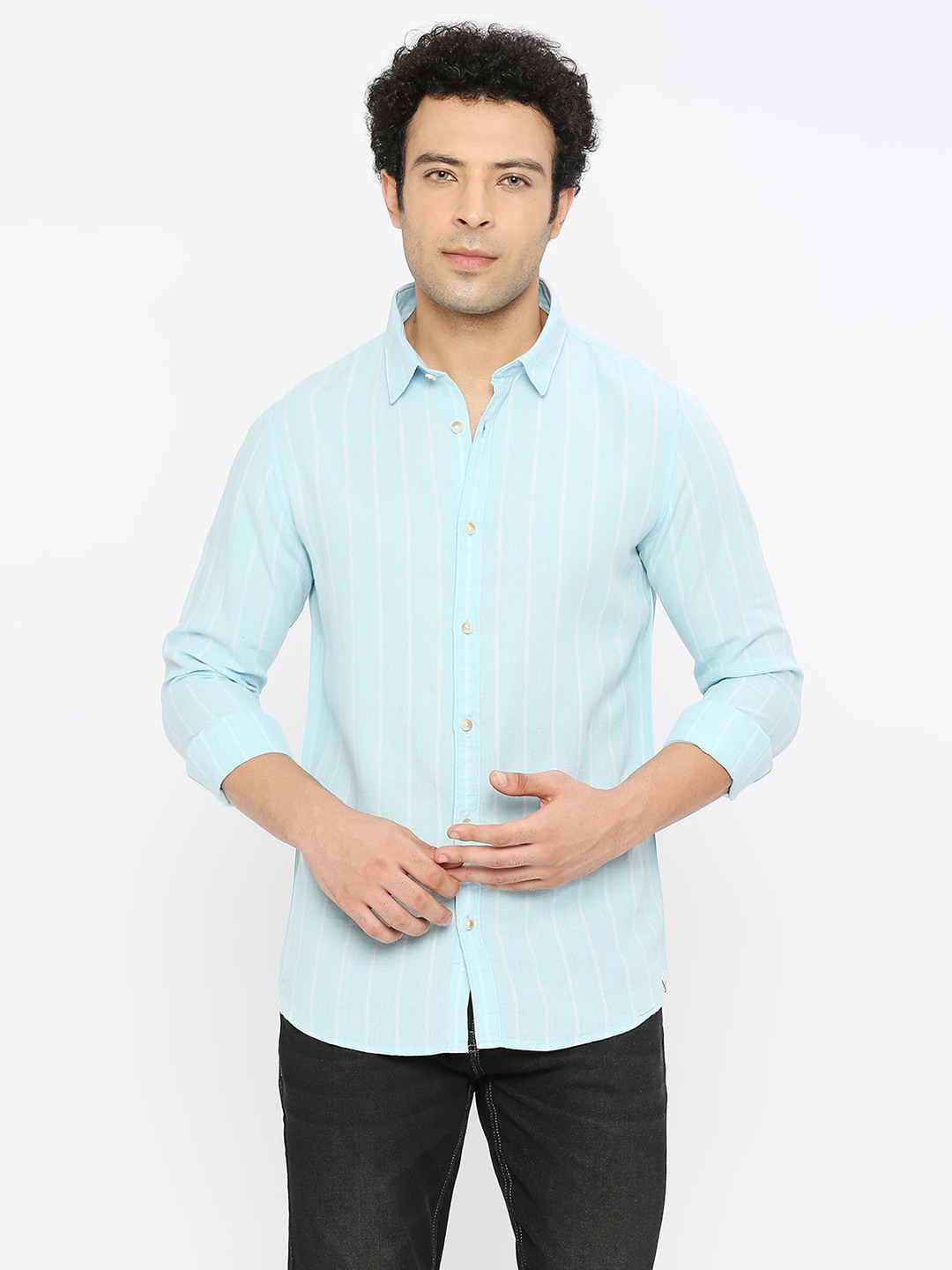spykar | Spykar Men Sky Blue Cotton Linen Slim Fit Full Sleeve Striped Shirt