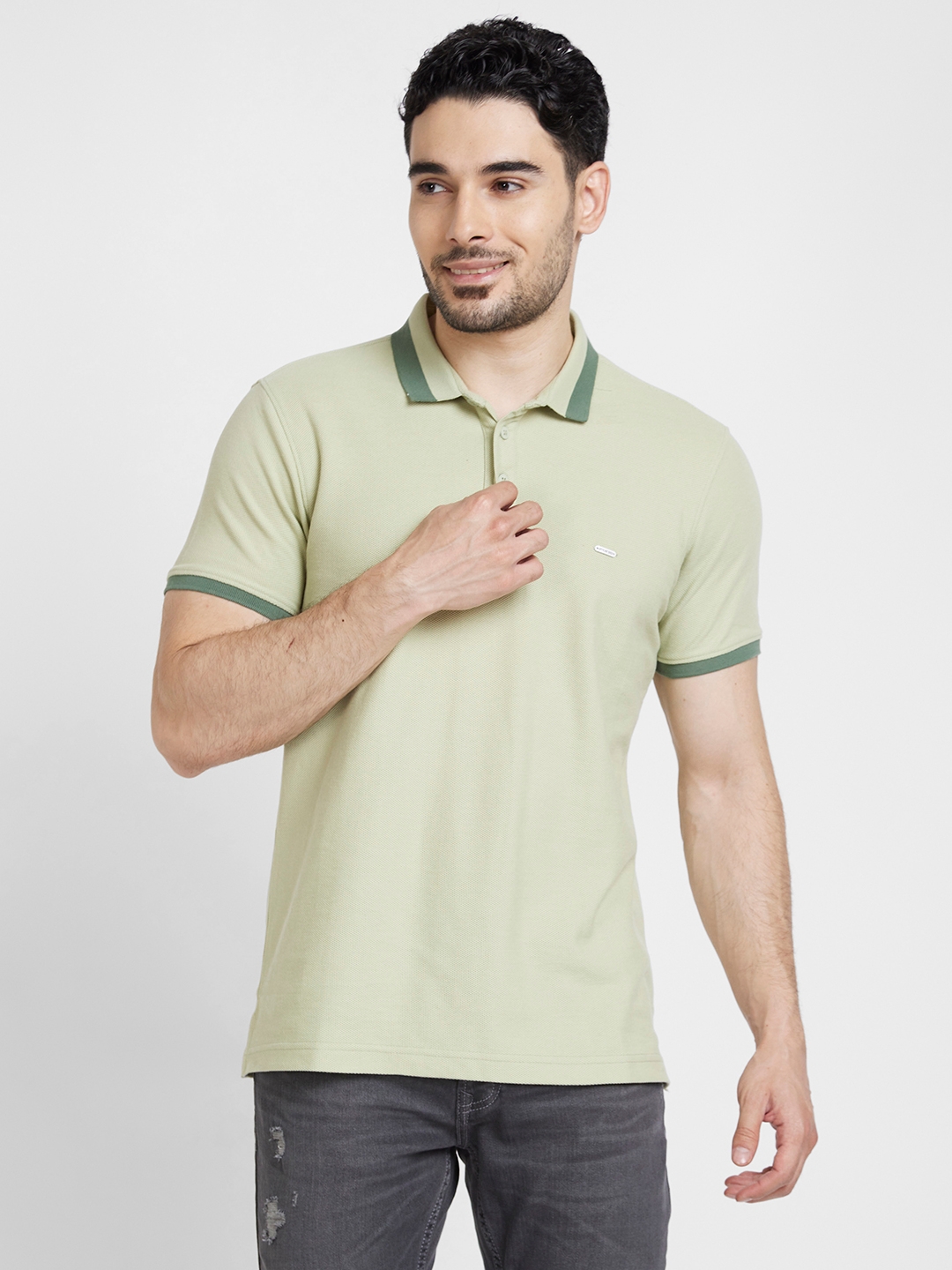 spykar | Spykar Men Dusty Pista Green Cotton Slim Fit Plain Polo Tshirt