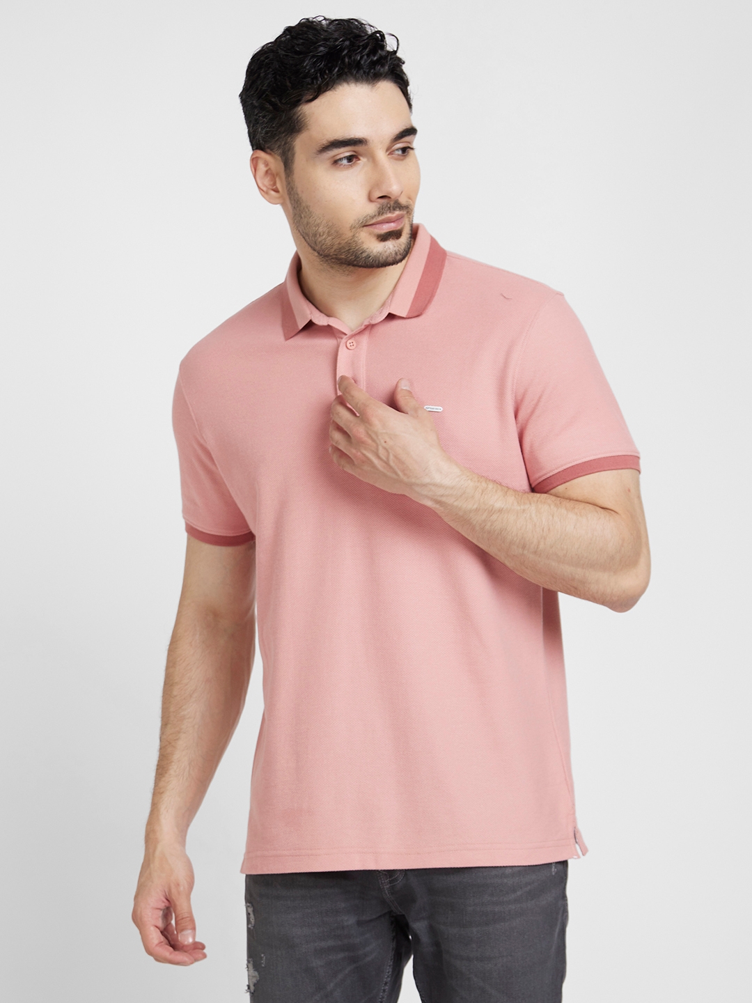 Spykar Men Dusty Pink Cotton Slim Fit Plain Polo Tshirt