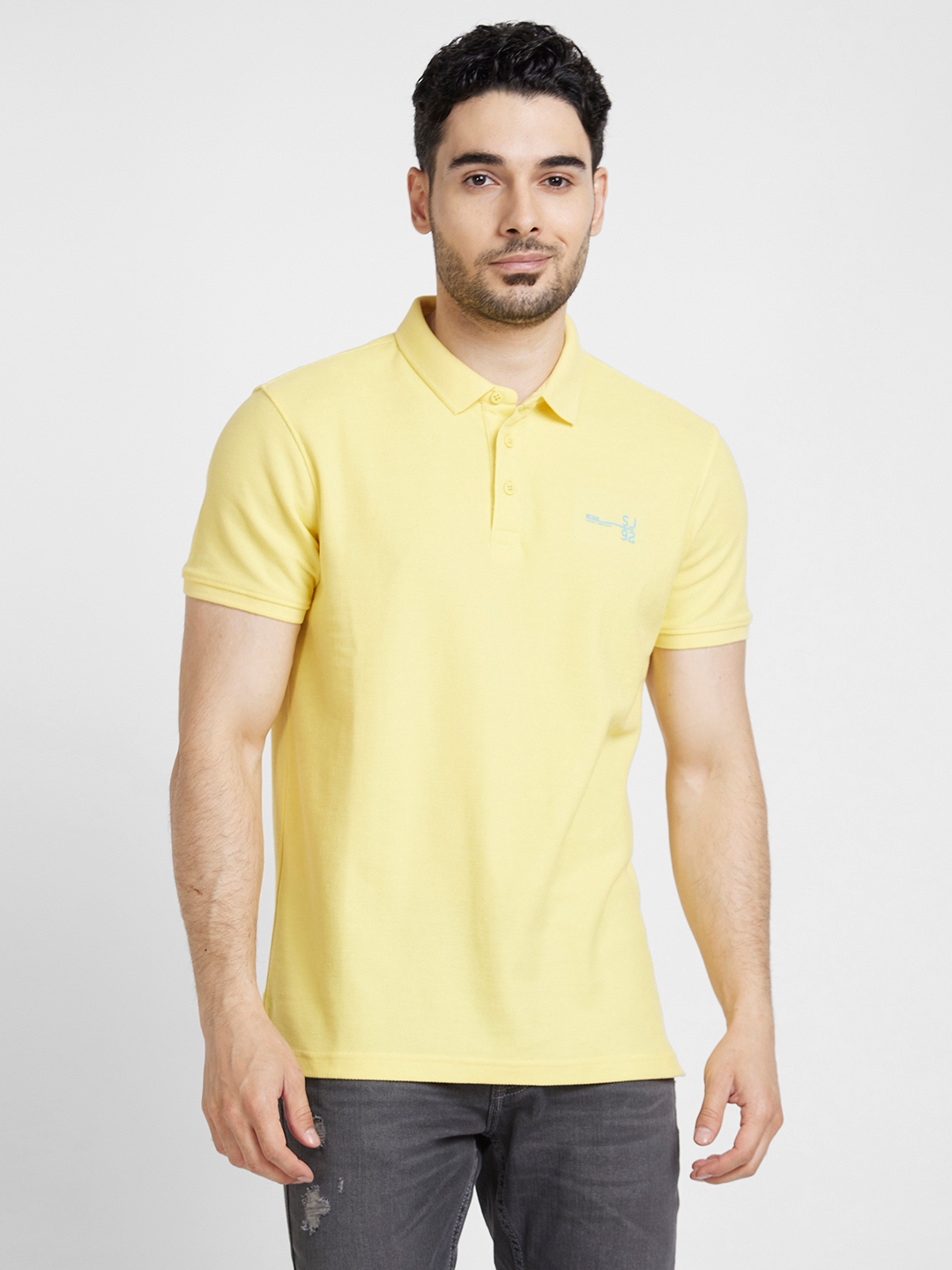 spykar | Spykar Men Yellow Cotton Slim Fit Plain Polo Tshirt