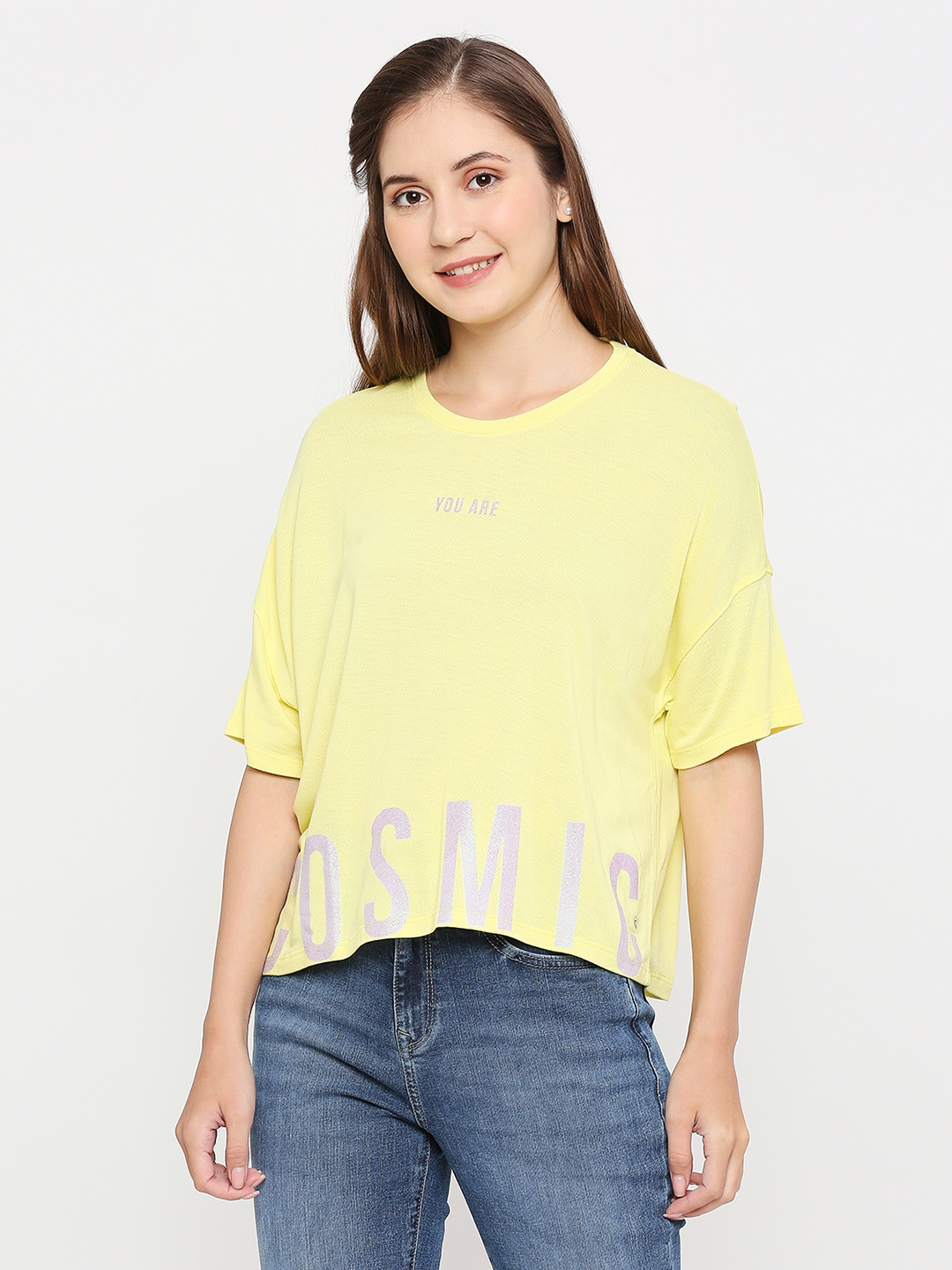 Spykar Women Lime Yellow Cotton Regular fit Round Neck Printed Tshirt