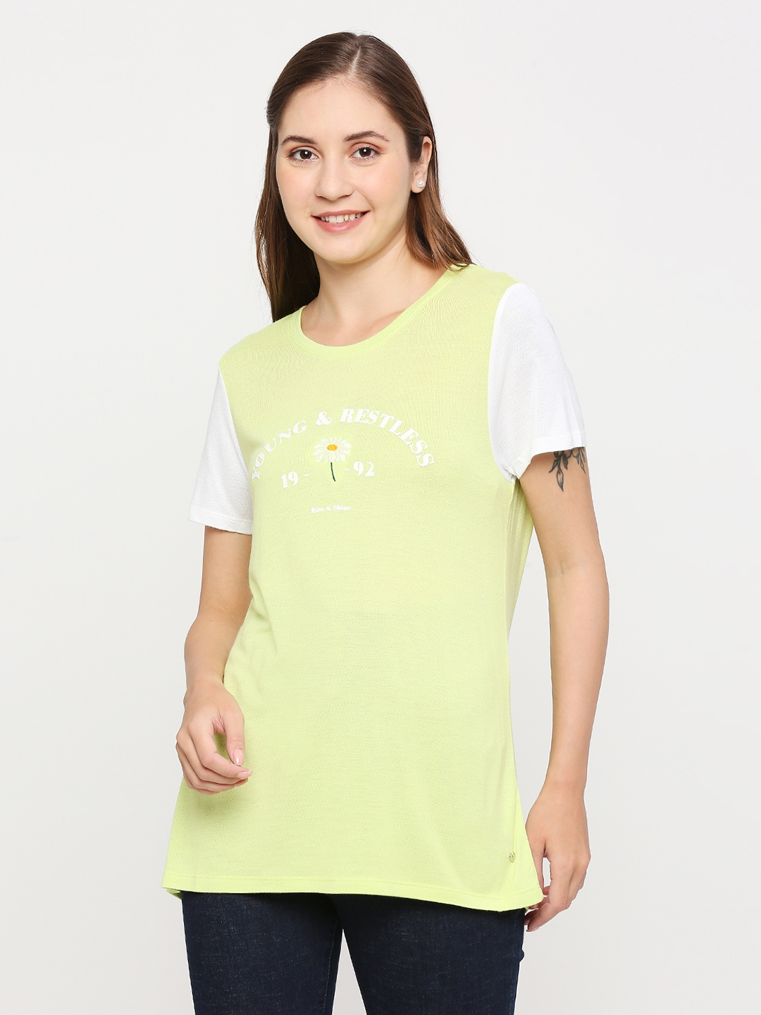 Spykar Women Pea Green Cotton Regular fit Round Neck Printed Tshirt