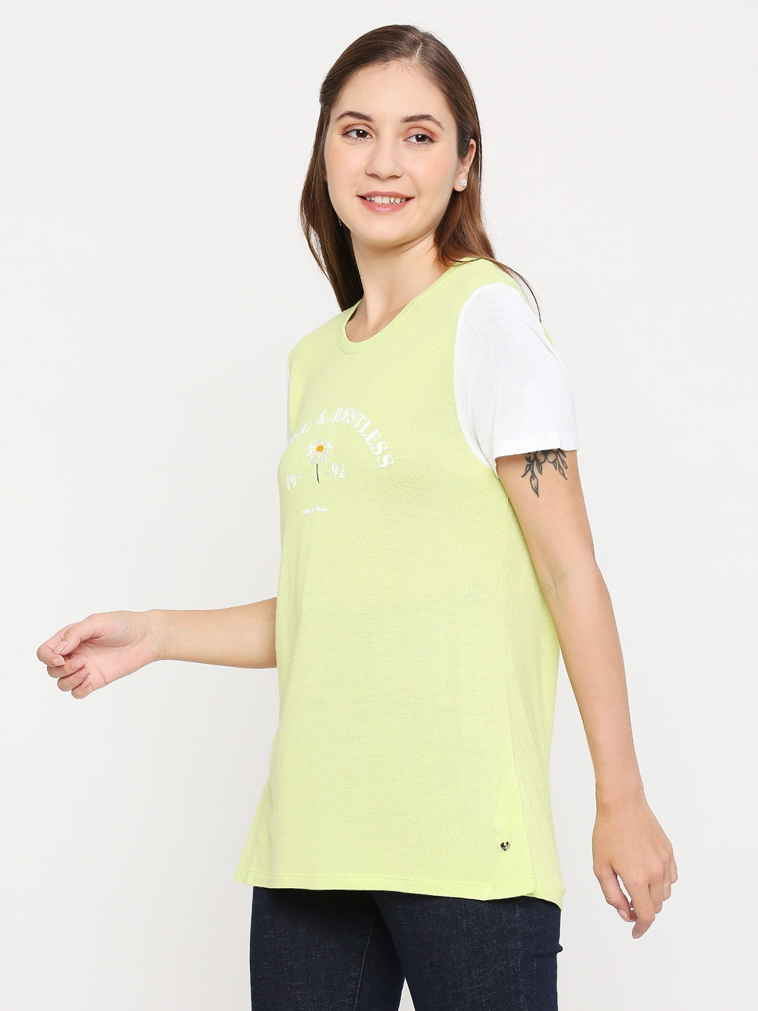 Spykar Women Pea Green Cotton Regular fit Round Neck Printed Tshirt
