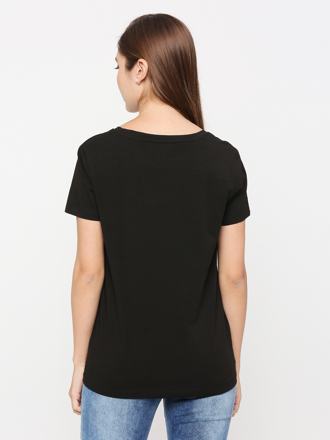 Spykar Women Black Cotton Regular fit Round Neck Printed Tshirt