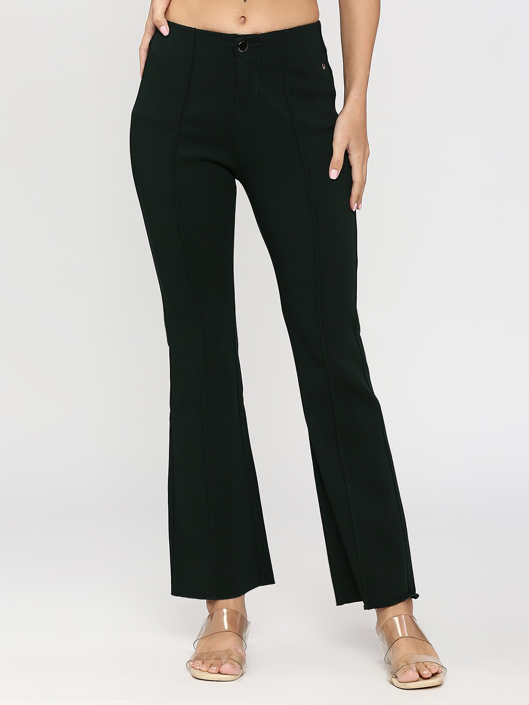 spykar | Spykar Women Dark Green Regular Fit Ankle Length Mid Rise Trousers