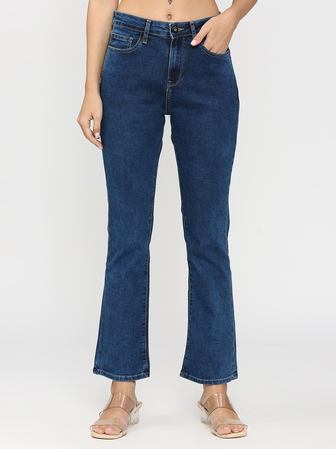spykar | Spykar Women Raw Blue Cotton Bootcut Fit Ankle Length Clean Look High Rise Jeans (Elissa)