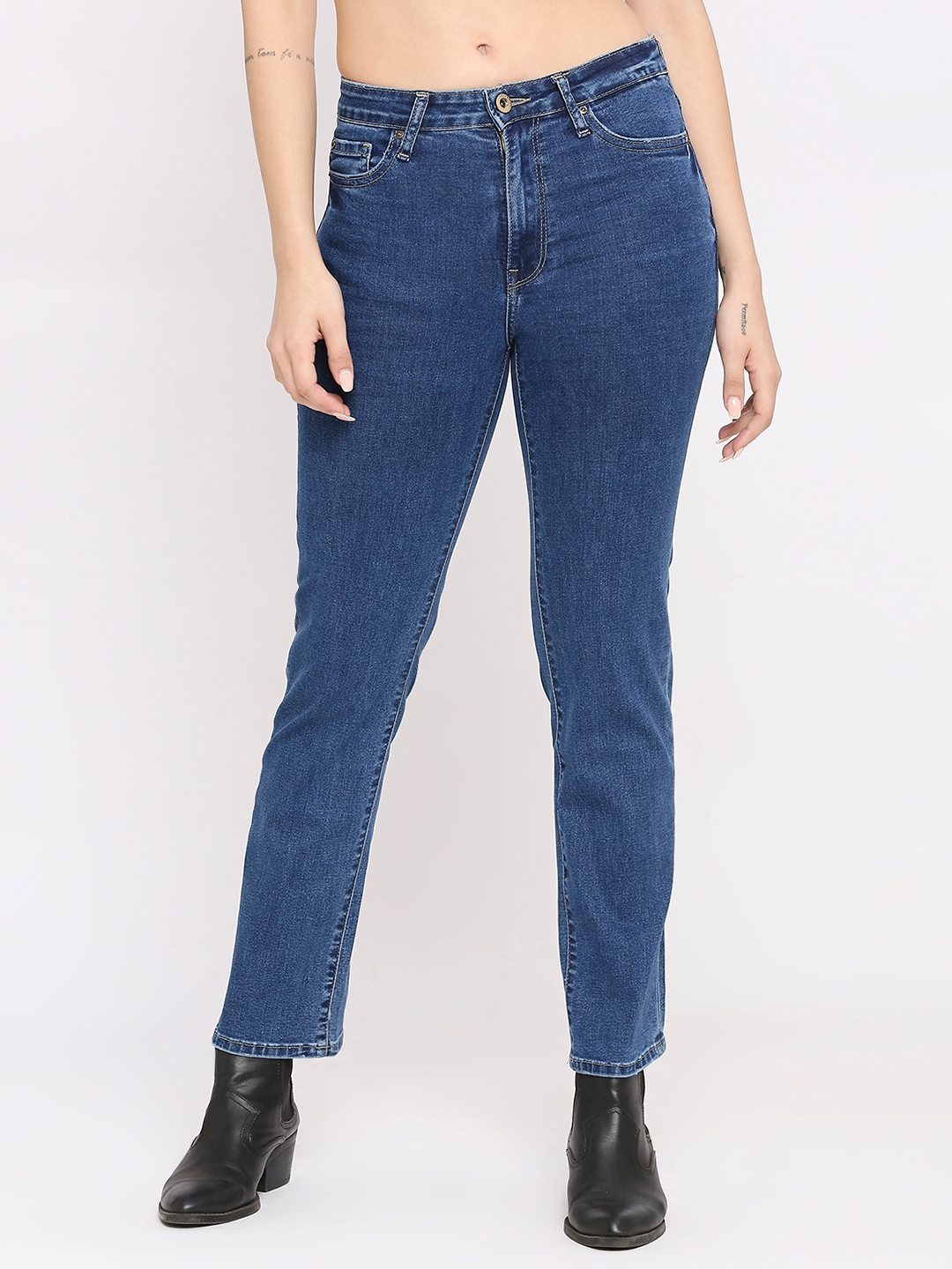 spykar | Spykar Women Mid Blue Lycra Slim Straigth Fit - Clean Look Mid Rise Jeans-(Emma)