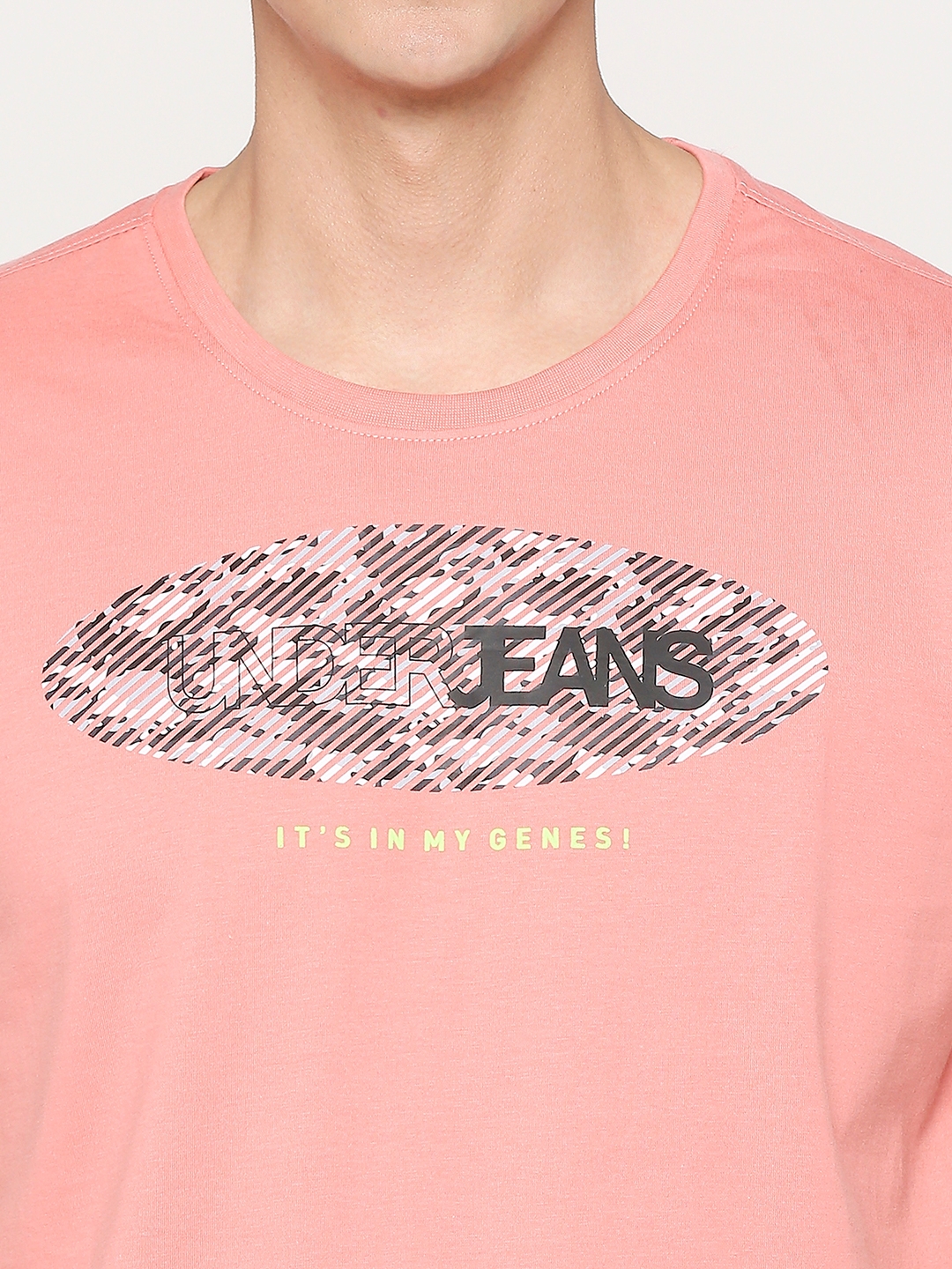 Underjeans by Spykar Men Dusty Coral Cotton Half Sleeve Printed Tshirt