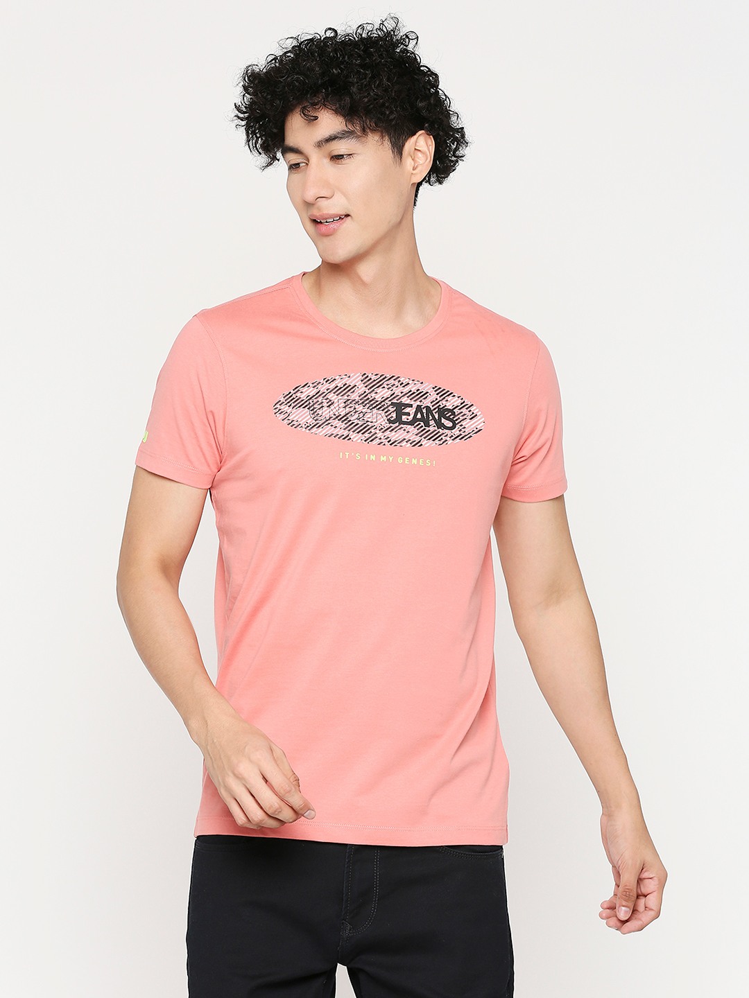 Underjeans by Spykar Men Dusty Coral Cotton Half Sleeve Printed Tshirt