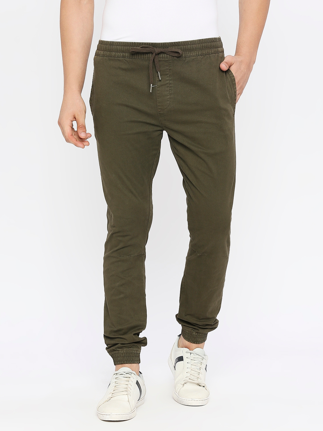 Spykar Men Military Green Lycra Slim Fit Ankle Length Plain Trousers