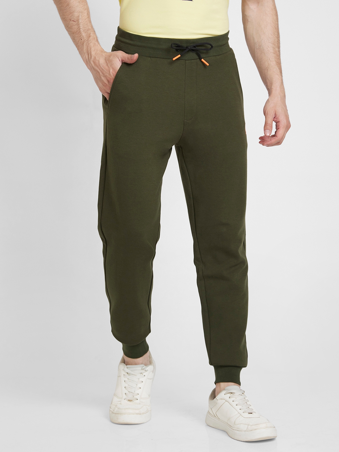 spykar | Spykar Men Olive Green Blended Regular Fit Plain Joggers Trackpant
