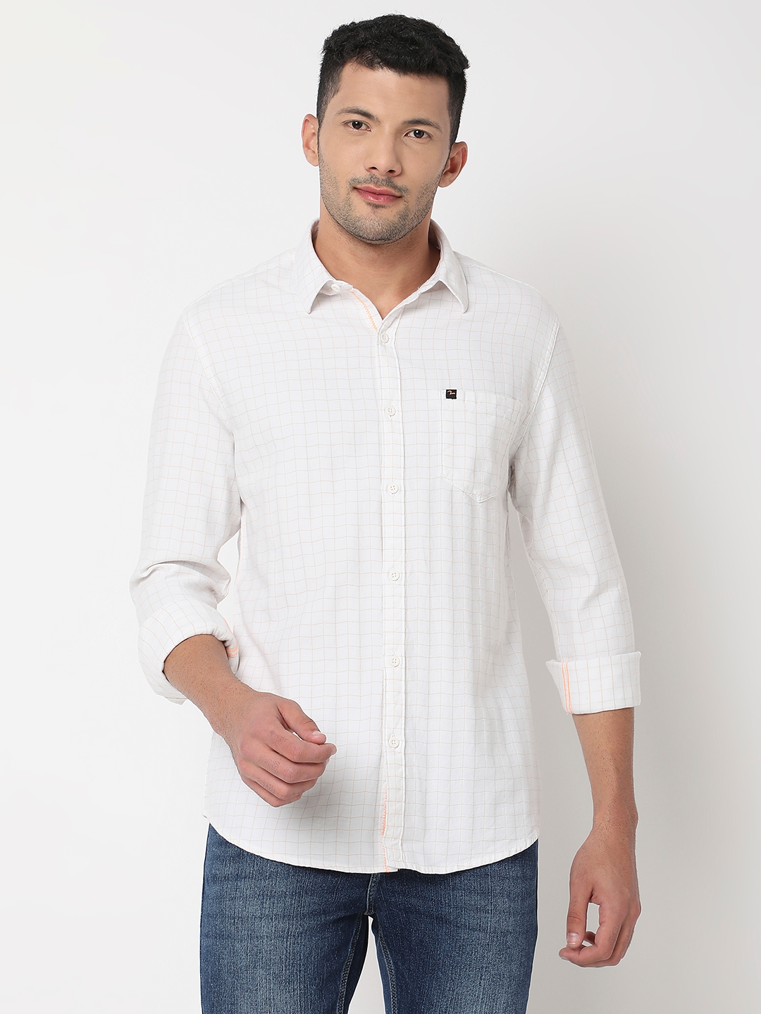 spykar | Spykar Men White & Khaki Cotton Slim Fit Checkered Shirt