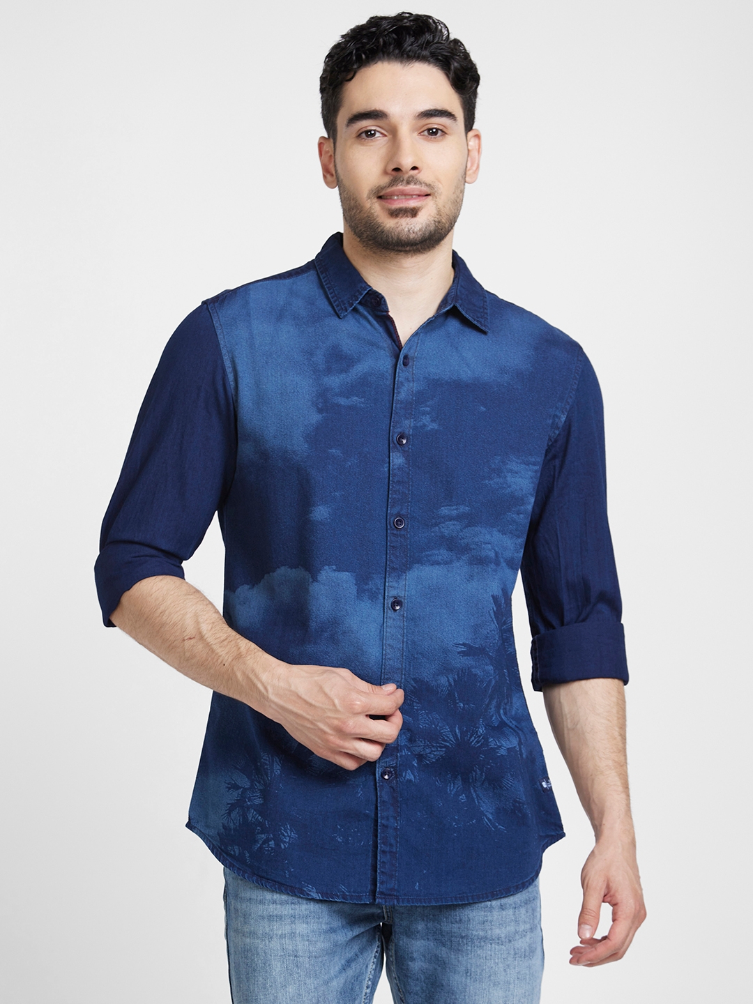 spykar | Spykar Men Dark Blue Cotton Slim Fit Printed Shirt