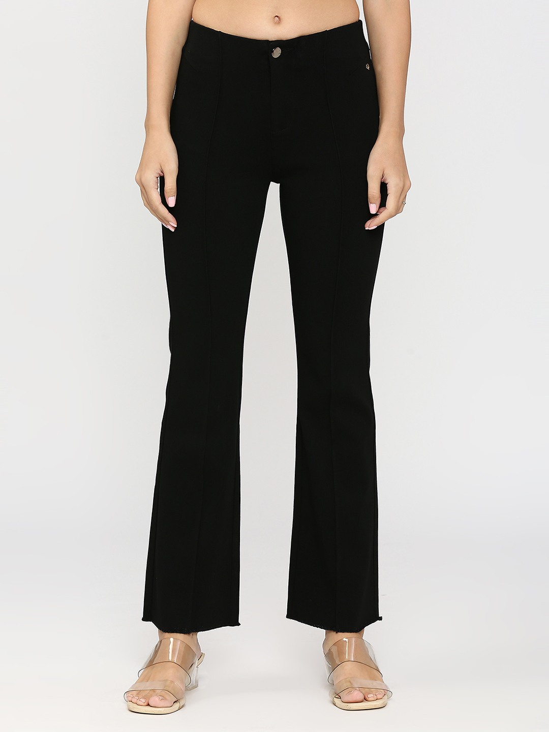 spykar | Spykar Women Black Regular Fit Ankle Length Mid Rise Trousers