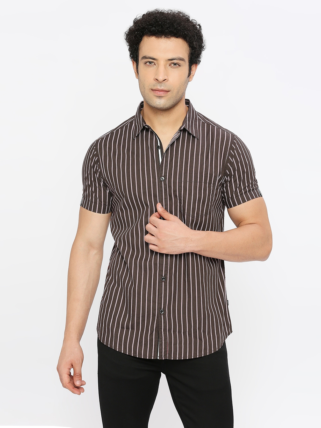 spykar | Spykar Men Charcoal Grey Cotton Slim Fit Half Sleeve Striped Shirt