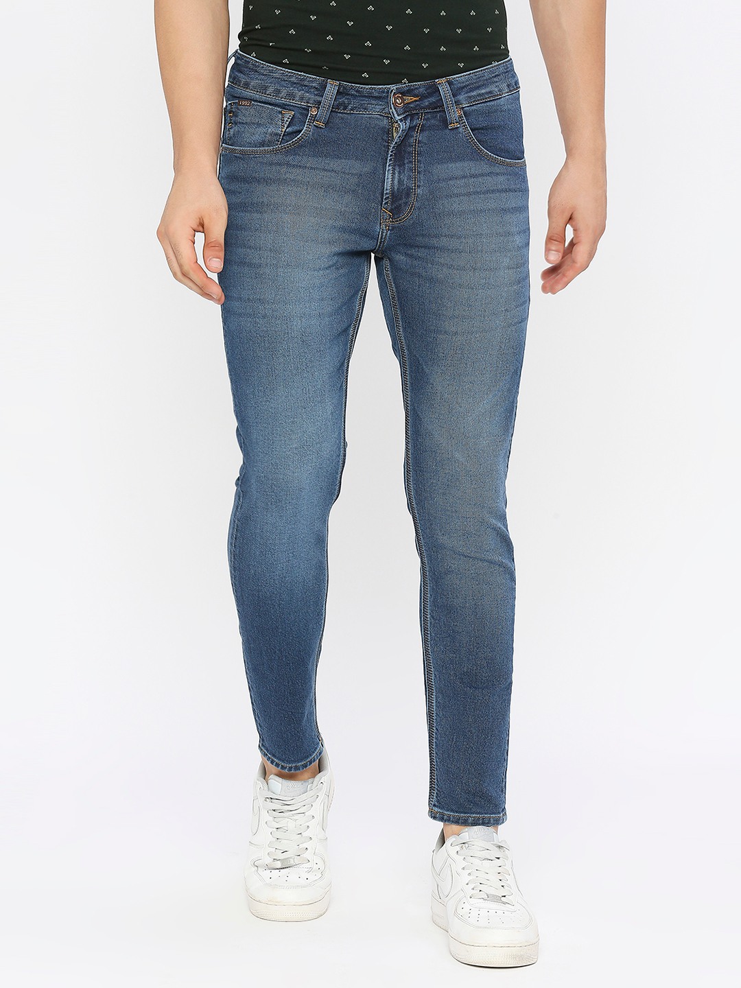 Spykar Men Mid Blue Cotton Stretch Slim Fit Tapered Length Clean Look Mid Rise Jeans-(kano)