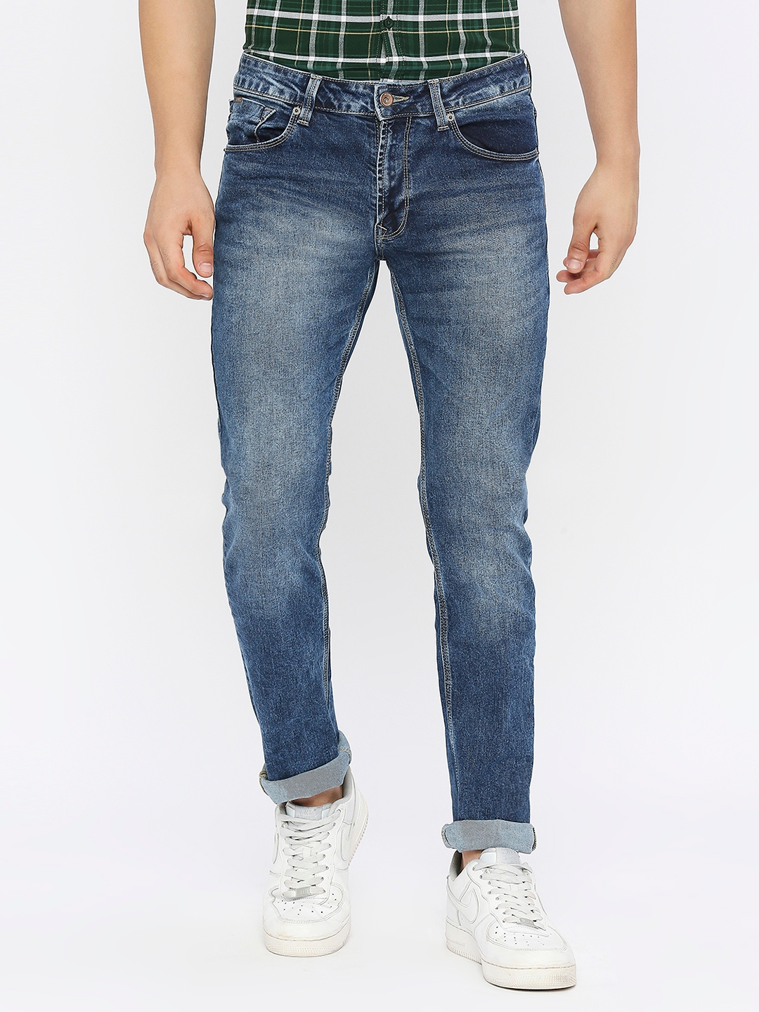 spykar | Spykar Men Mid Blue Cotton Stretch Regular Fit Narrow Length Clean Look Mid Rise Jeans-(Rover)