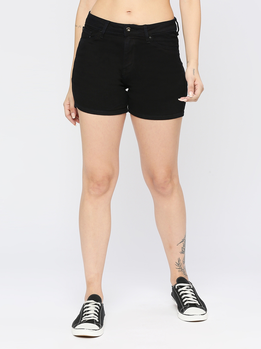 spykar | Spykar Women Black Cotton Slim Fit Above Knee Length Denim Shorts
