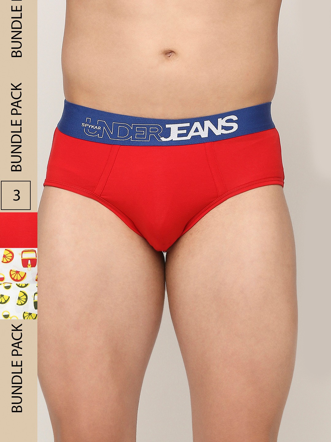 Underjeans by Spykar Premium Red Olive & Navy Cotton Blend Printed Brief - Pack Of 3