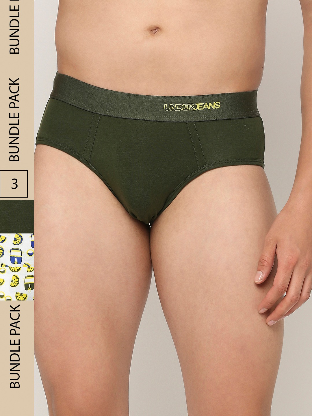 Underjeans by Spykar Premium Blue & Olive Cotton Blend Printed Brief - Pack Of 3