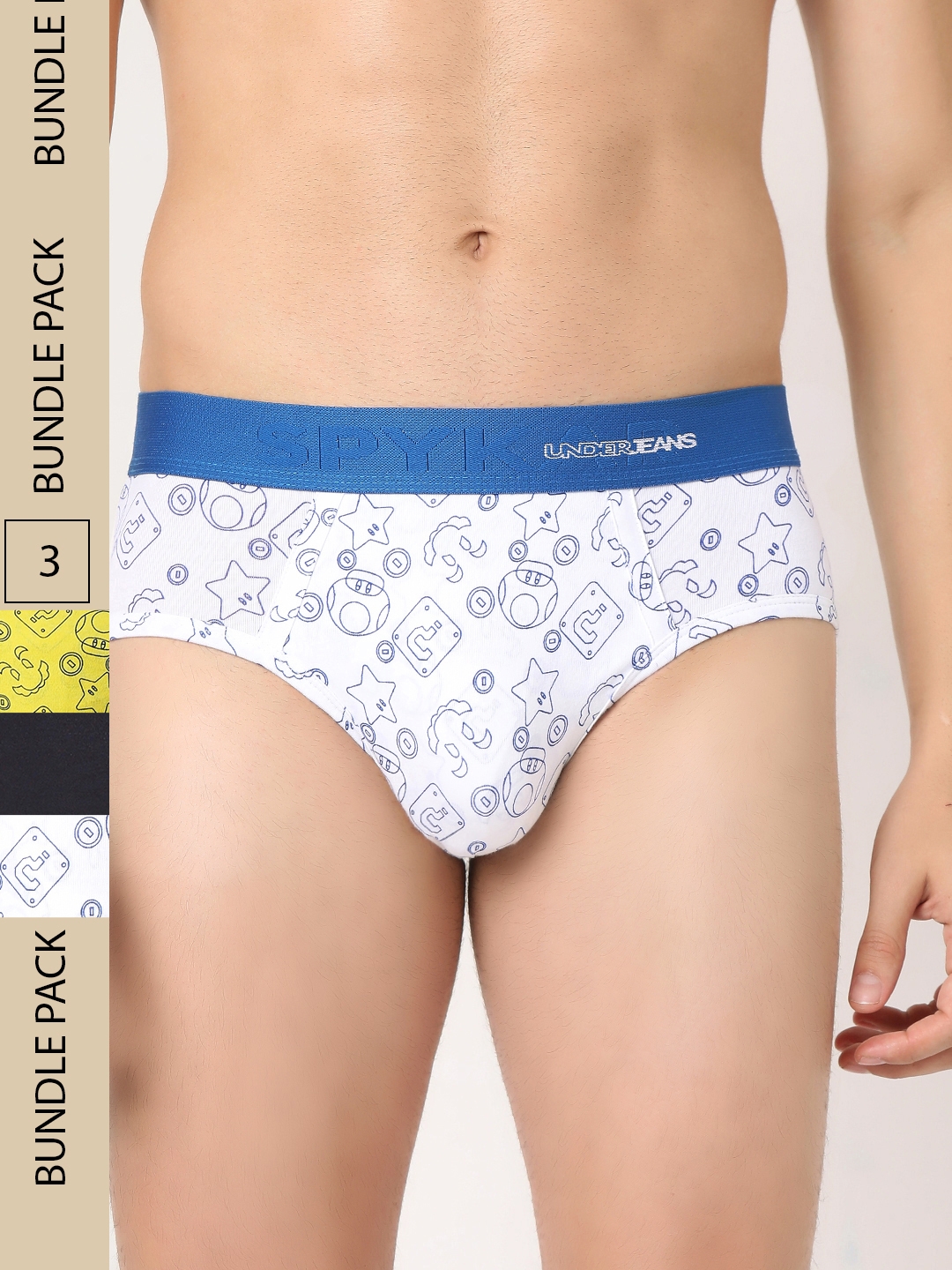 Underjeans by Spykar Premium White Yellow & Navy Cotton Blend Printed Brief - Pack Of 3