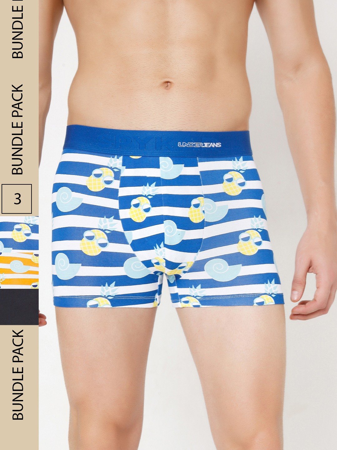 Underjeans by Spykar Premium Orange Blue & Navy Cotton Blend Printed Trunk - Pack Of 3