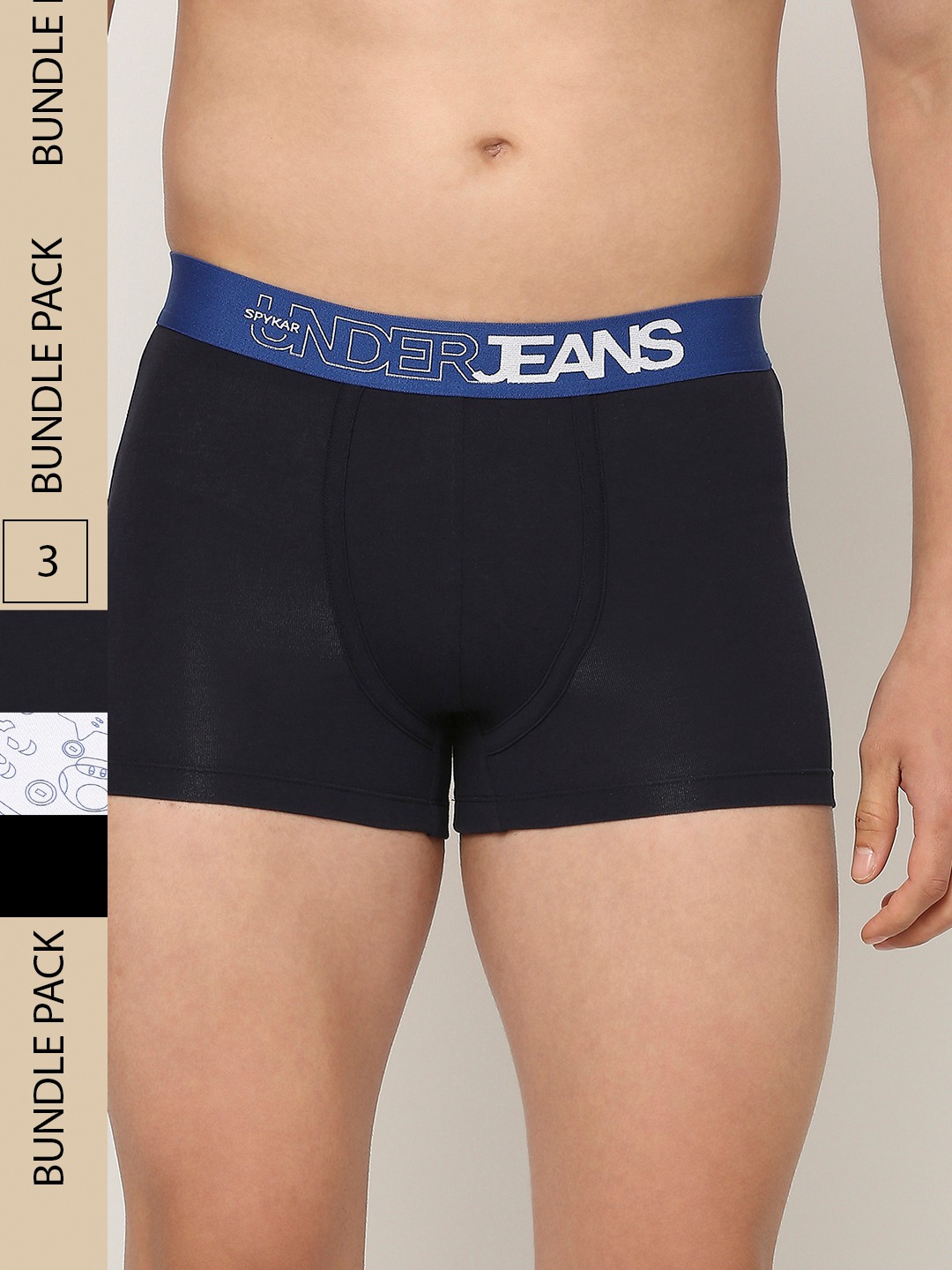 Underjeans by Spykar Premium White Yellow & Navy Cotton Blend Printed Trunk - Pack Of 3