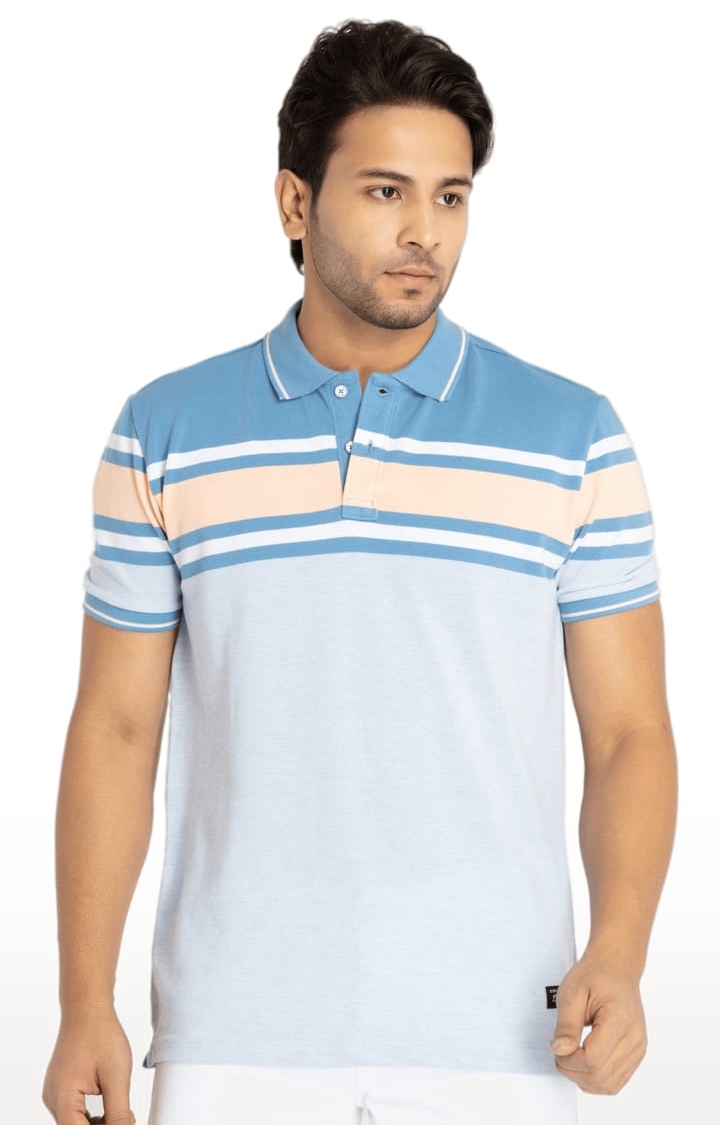 Status Quo | Men's Blue Polycotton Striped Polo T-Shirts