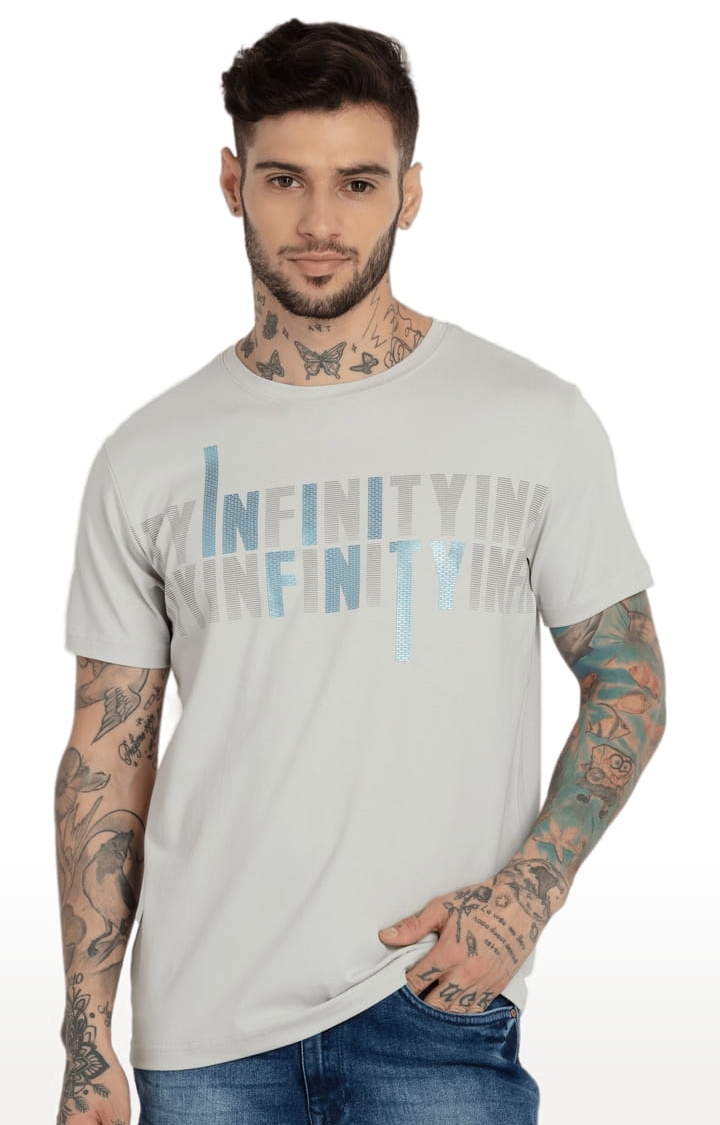 Men's Grey Cotton Typographic Printed Regular T-Shirt