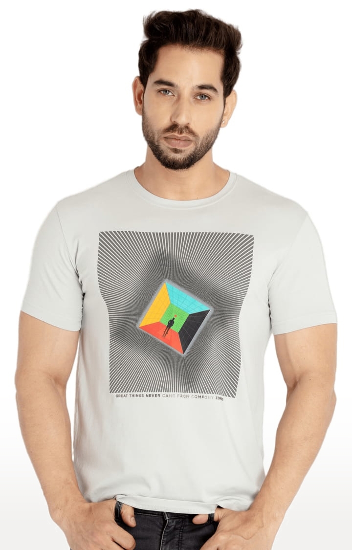 Men's Grey Cotton Printeded Regular T-Shirt