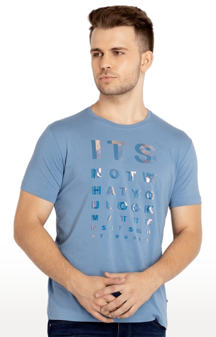 Men's Blue Cotton Typographic Printed Regular T-Shirt