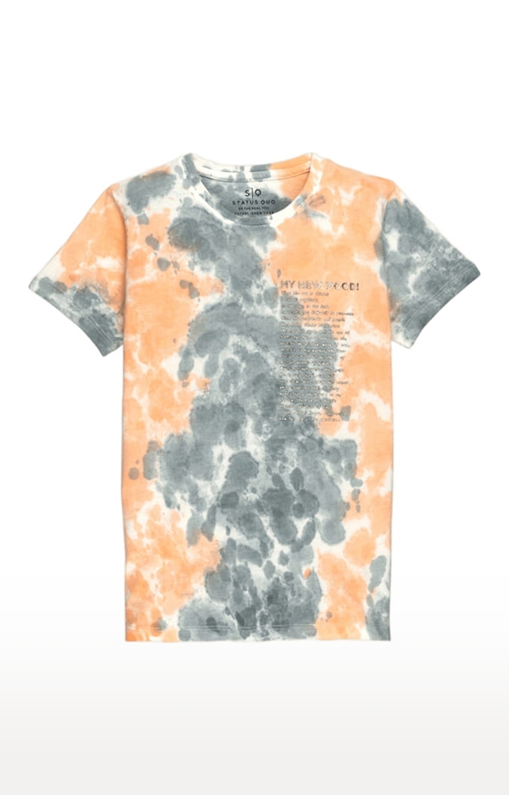 Boys Orange and Grey Cotton Tie Dye Regular T-Shirt