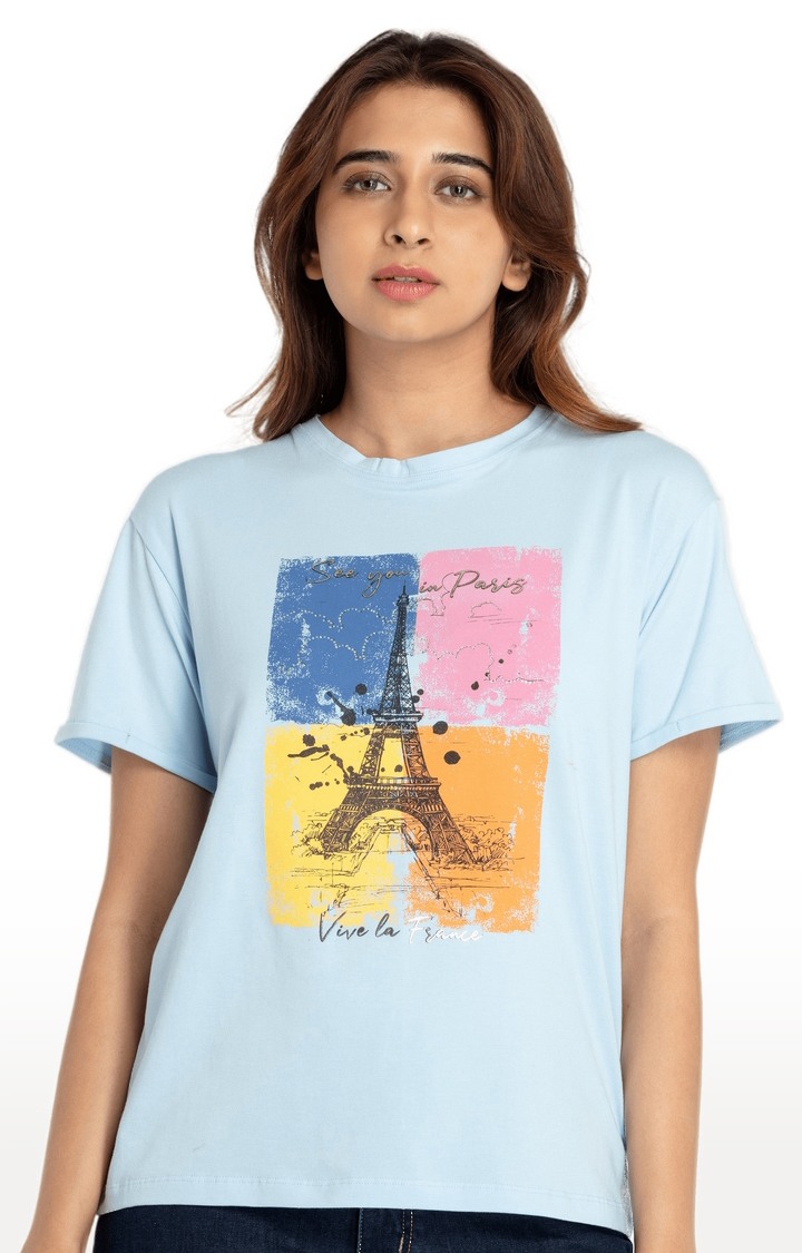 Status Quo | Women's Blue Cotton Printeded Regular T-Shirt