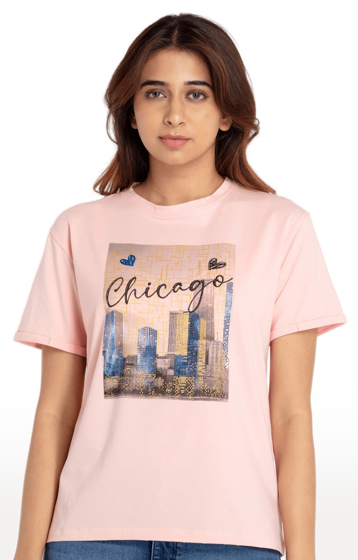 Women's Pink Cotton Printeded Regular T-Shirt