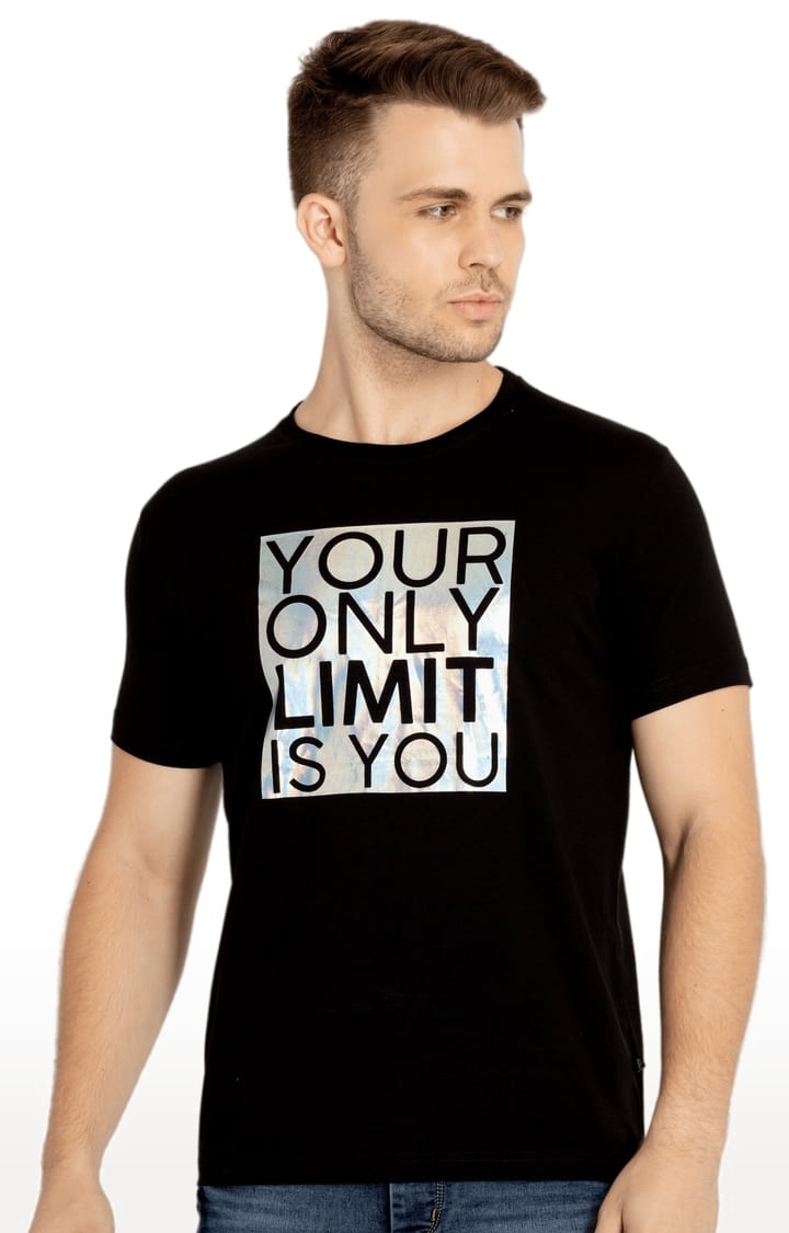Status Quo | Men's Black Cotton Typographic Printed Regular T-Shirt