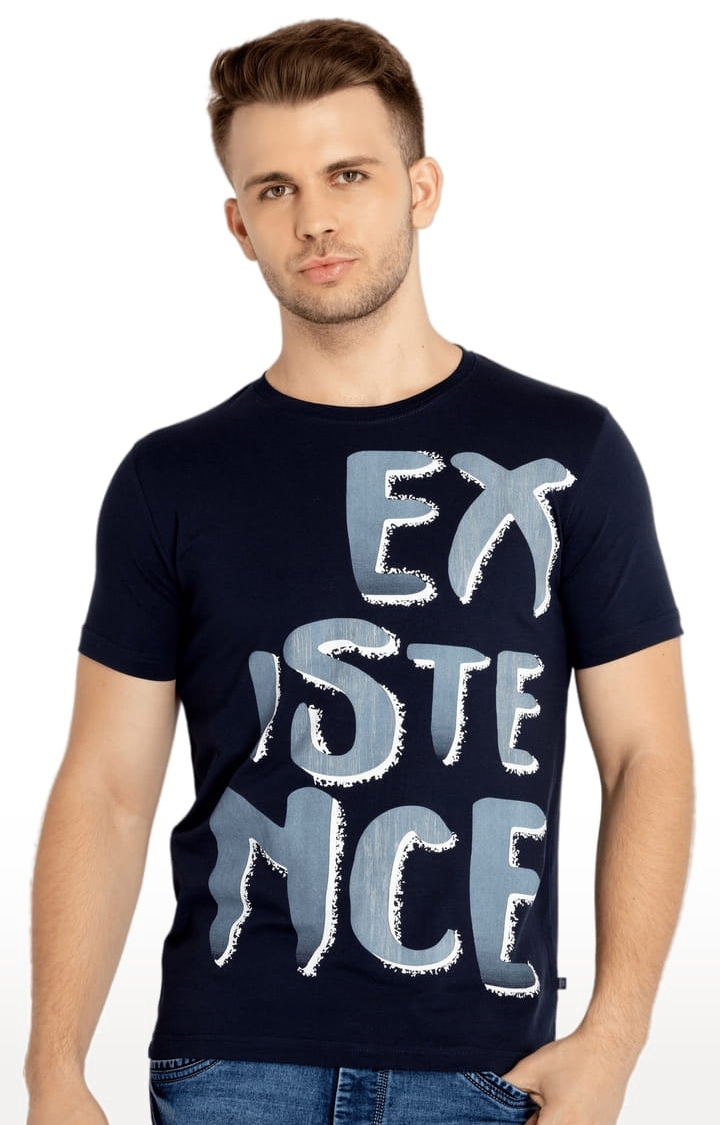 Status Quo | Men's Navy Blue Cotton Typographic Printed Regular T-Shirt