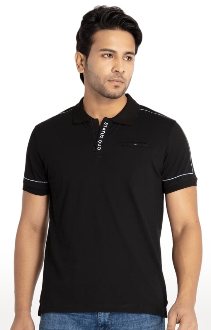 Status Quo | Men's Black Cotton Solid Polo T-Shirts