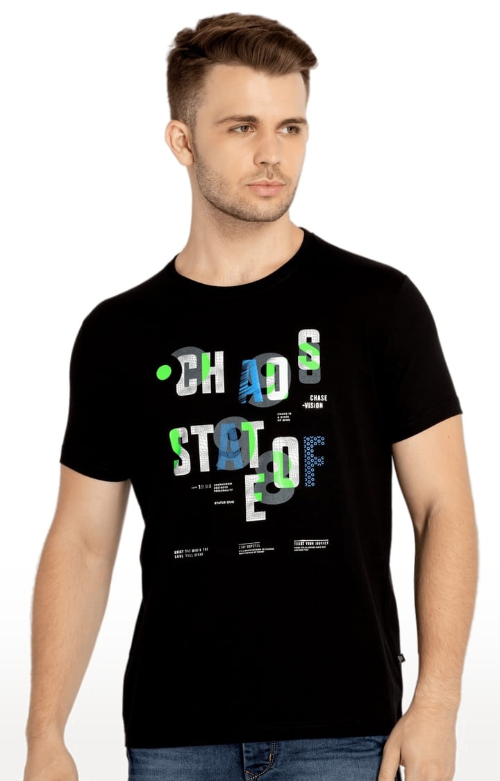 Status Quo | Men's Black Cotton Typographic Printed Regular T-Shirt