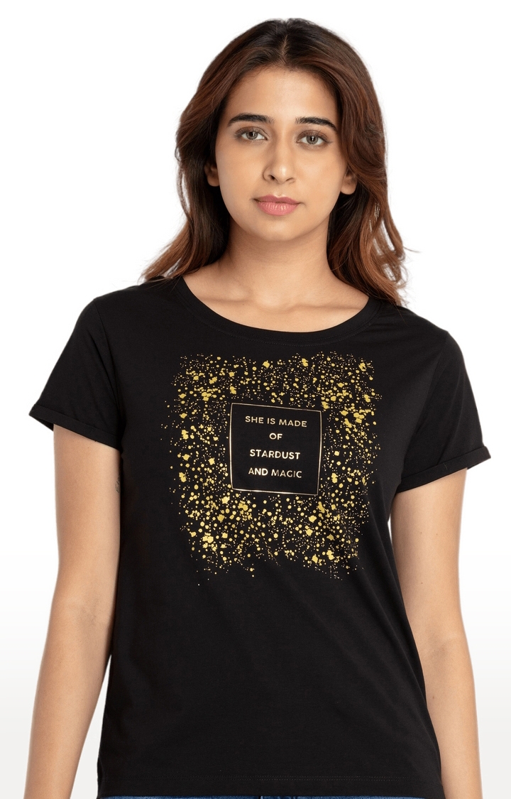 Women's Black Cotton Printeded Regular T-Shirt