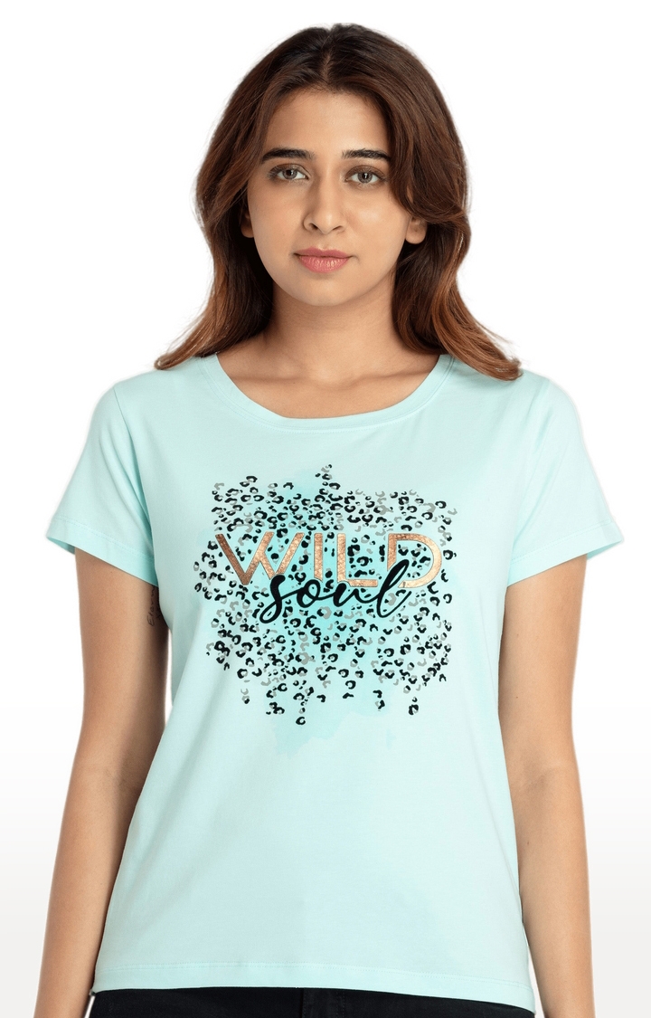 Status Quo | Women's Blue Cotton Typographic Printed Regular T-Shirt