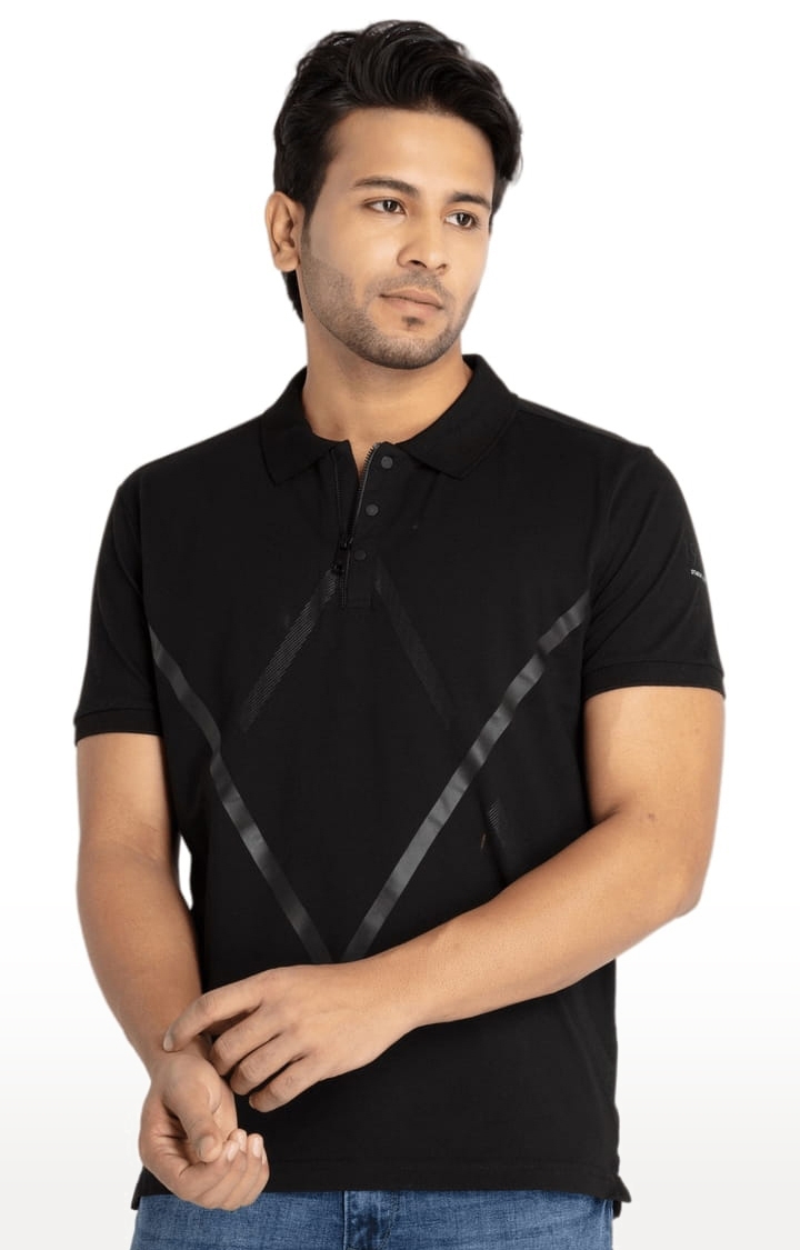 Men's Black Cotton Solid Polo T-Shirts