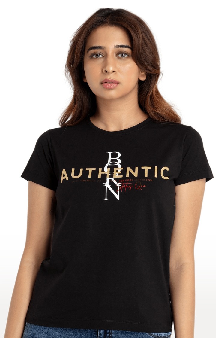 Women's Black Cotton Typographic Printed Regular T-Shirt
